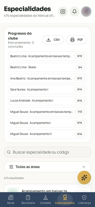 Tela de especialidades com progresso do clube e busca por especialidade